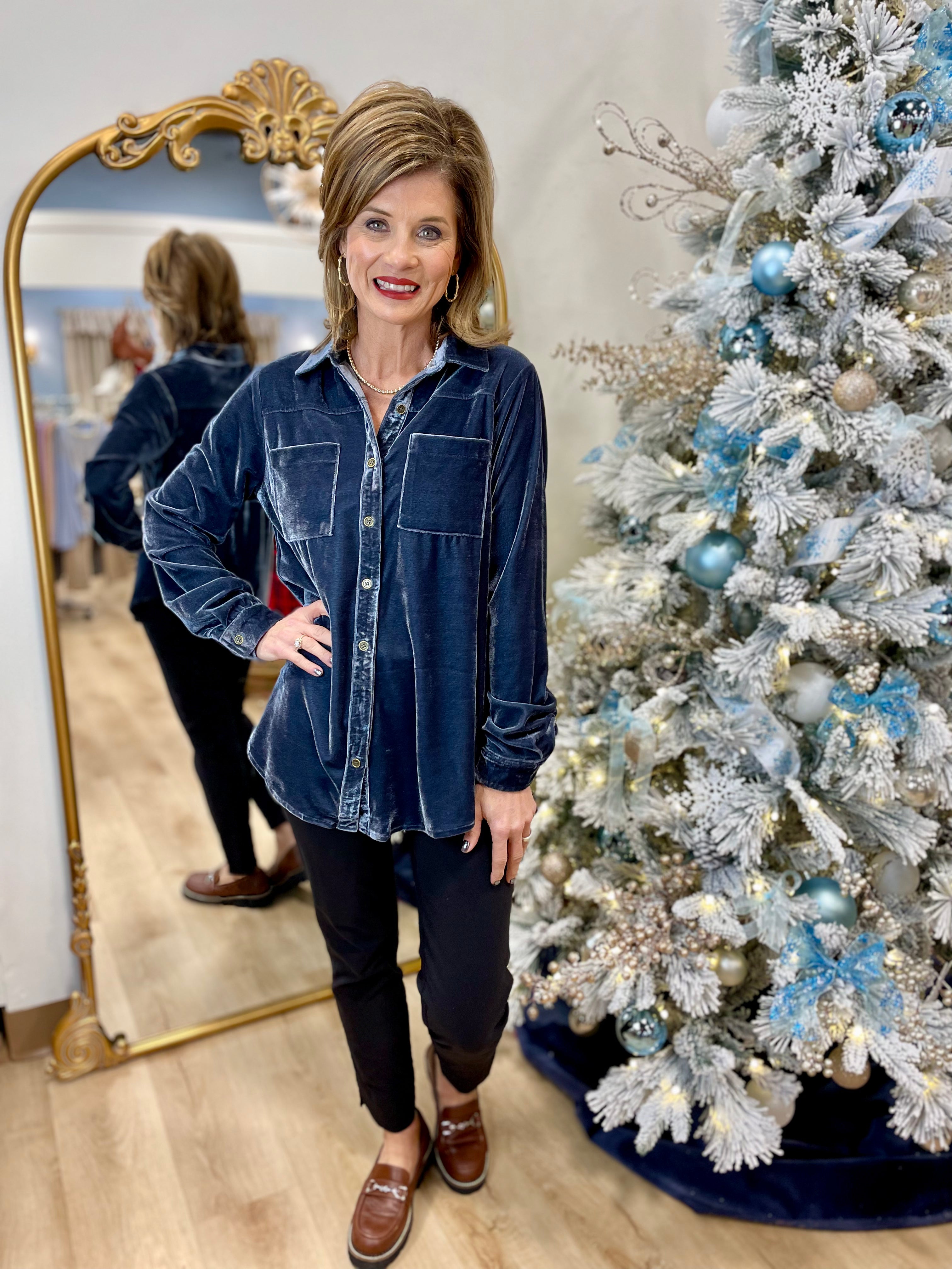 Umgee Long Sleeve Velvet Blouse Gunmetal