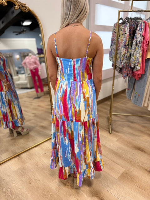 Abstract Watercolor Tiered Midi Dress