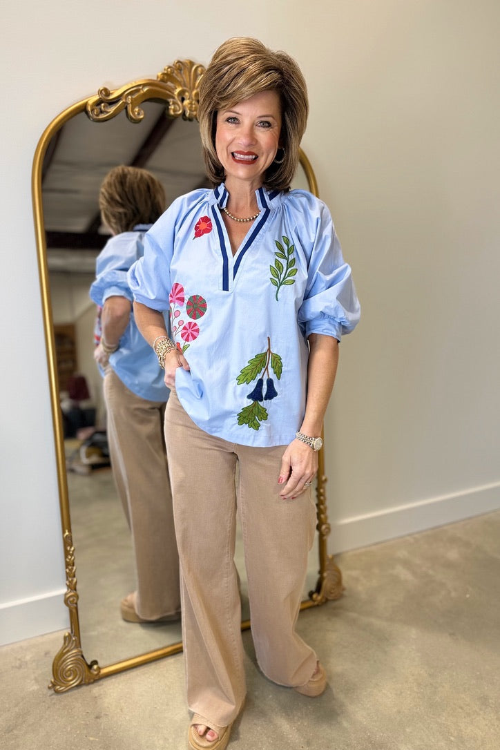 Umgee Flower Embroidered Top Periwinkle