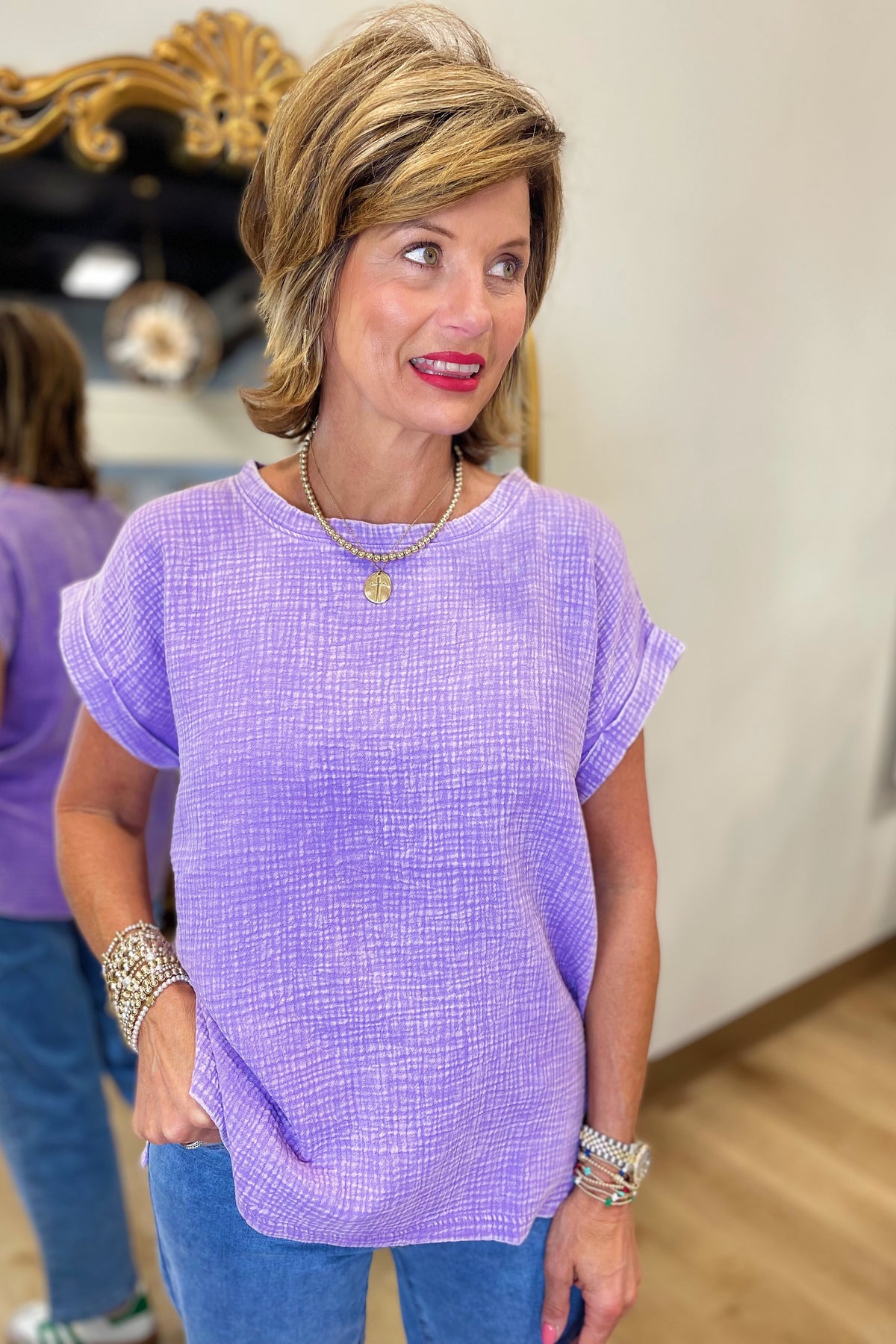 Going w Gauze Acid Washed Top Lavender