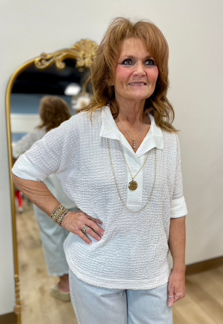 APNY Textured Split Neck Top White