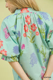 Umgee Floral Split Neck Top Seafoam