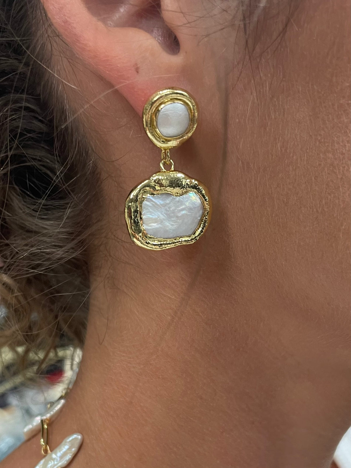 Flat Pearl Double Drop Earring