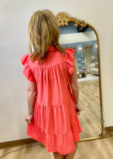 Umgee Ruffle Sleeve Tiered Dress Coral Pink