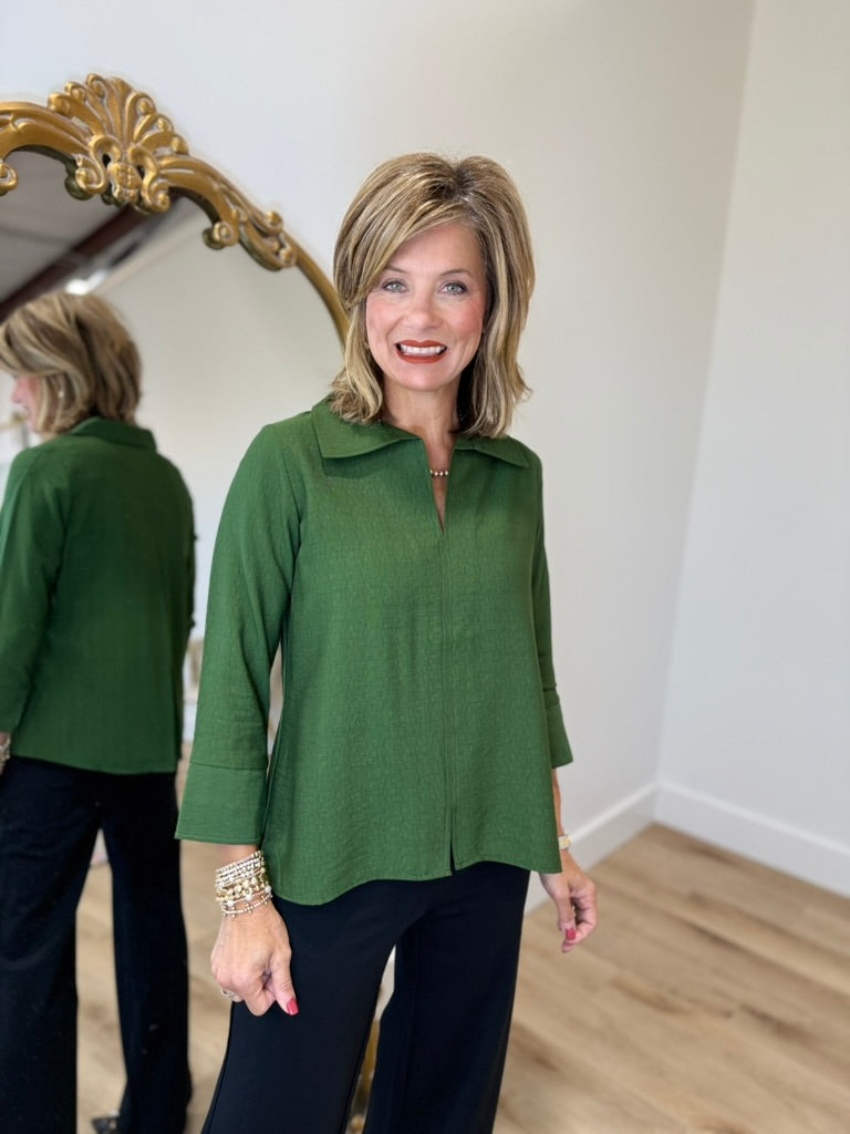 Boho Chic Split Neck Blouse Pine