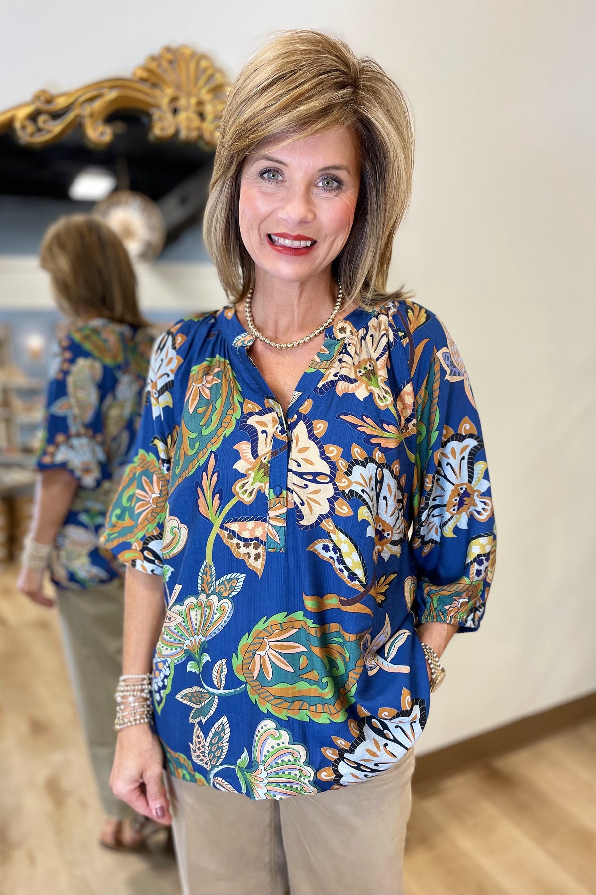 Umgee Paisley Print Blouse Navy