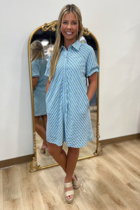Sassy Stripes Button Down Dress Blue