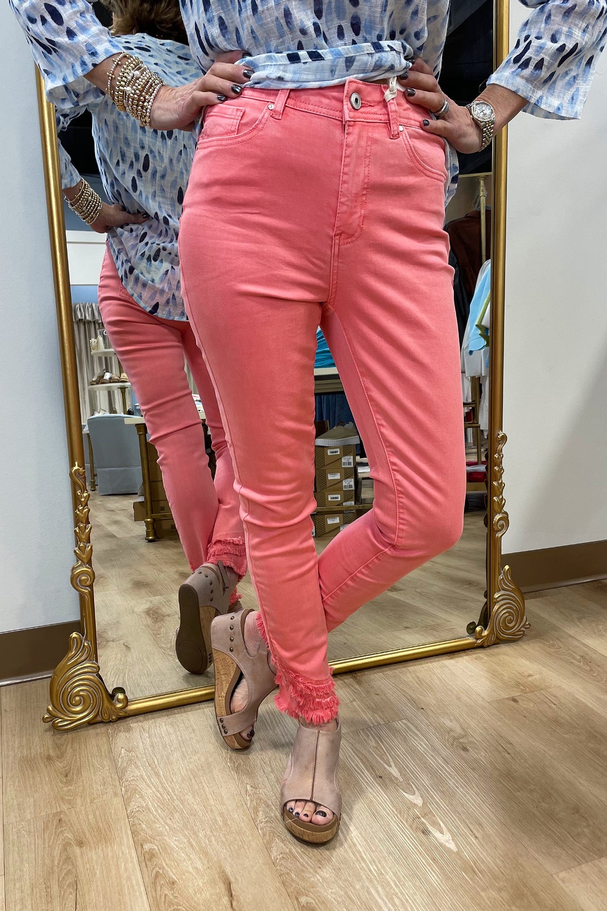 Charlie B Ripped Hem Jean Watermelon
