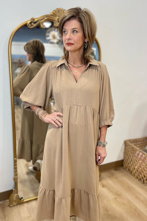 Umgee Solid Collared V-Neck Midi Dress Taupe