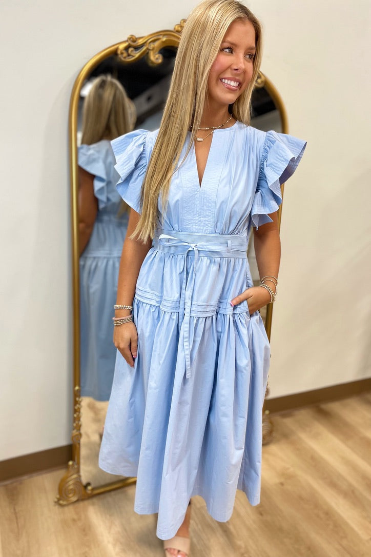 Graceful Breeze Peplum Poplin Midi Dress Blue