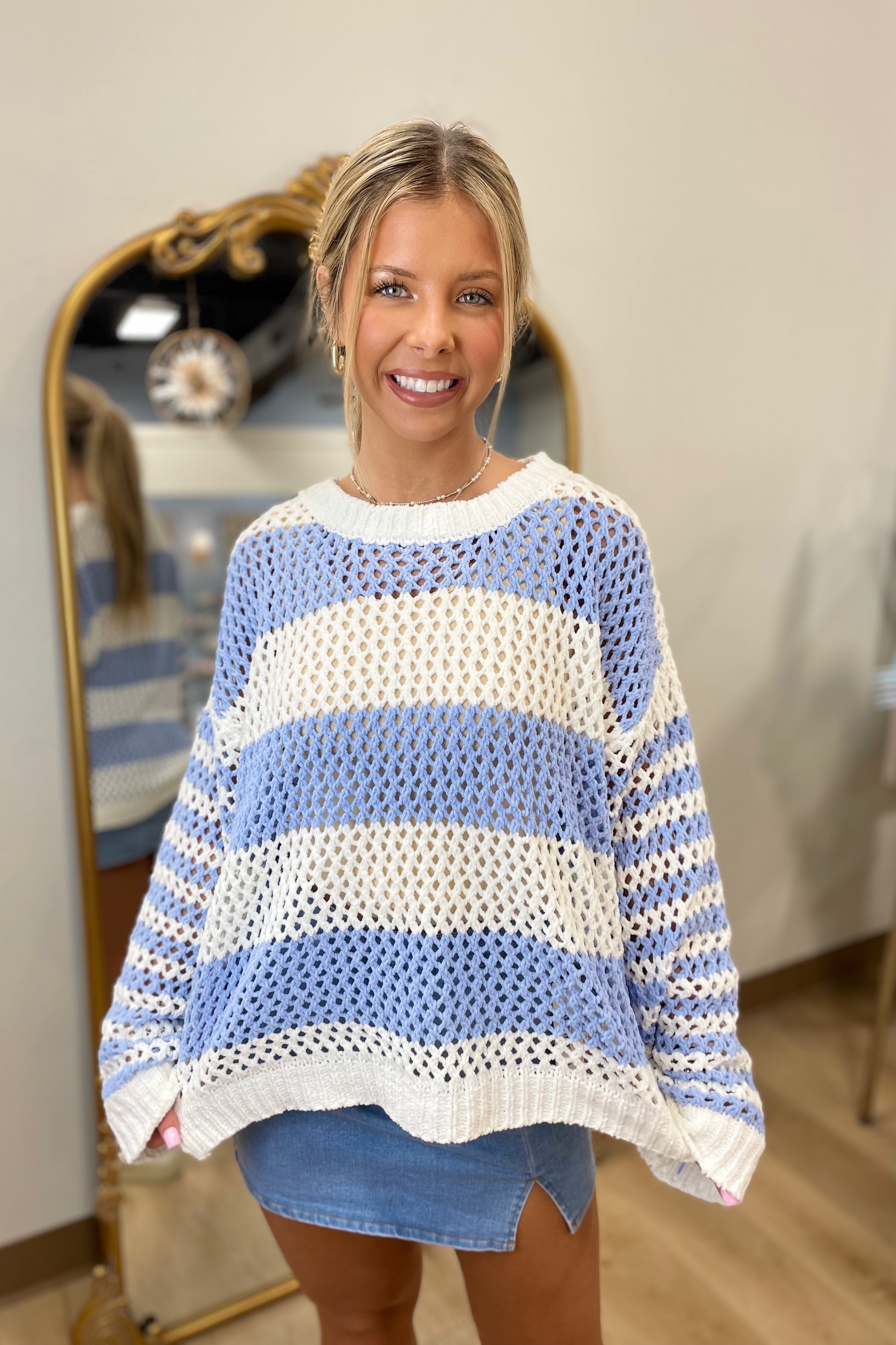 Vintage Havana Bahama Blue Striped Knit Square Sweater