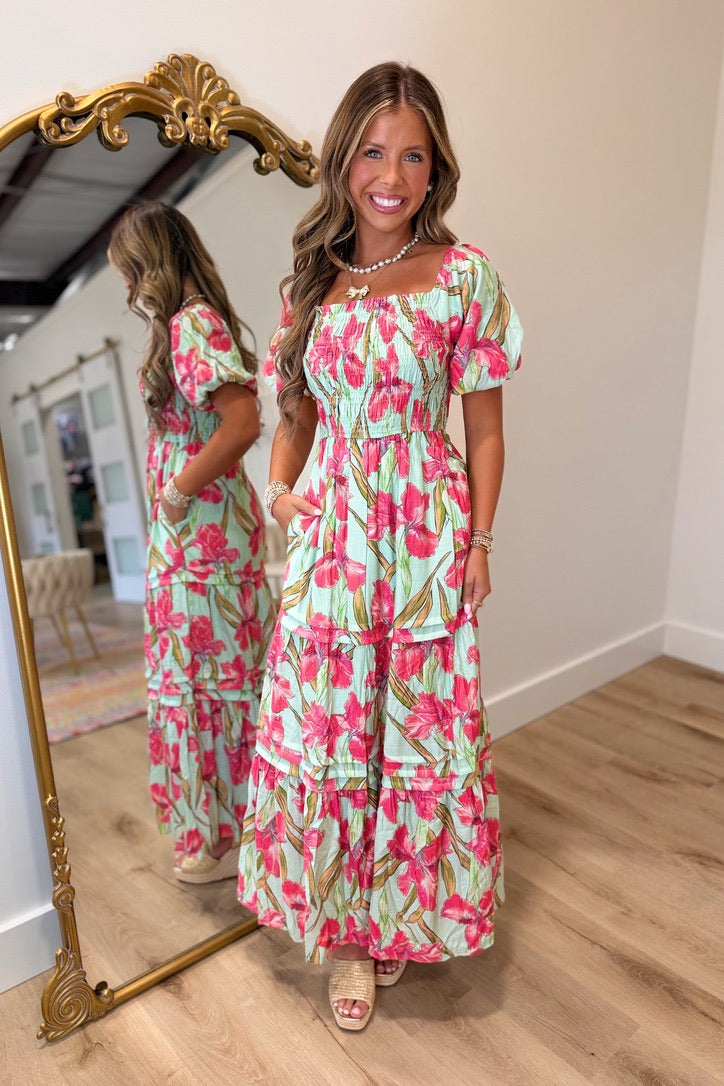 Iris Blooms Smocked Bodice Dress Lime
