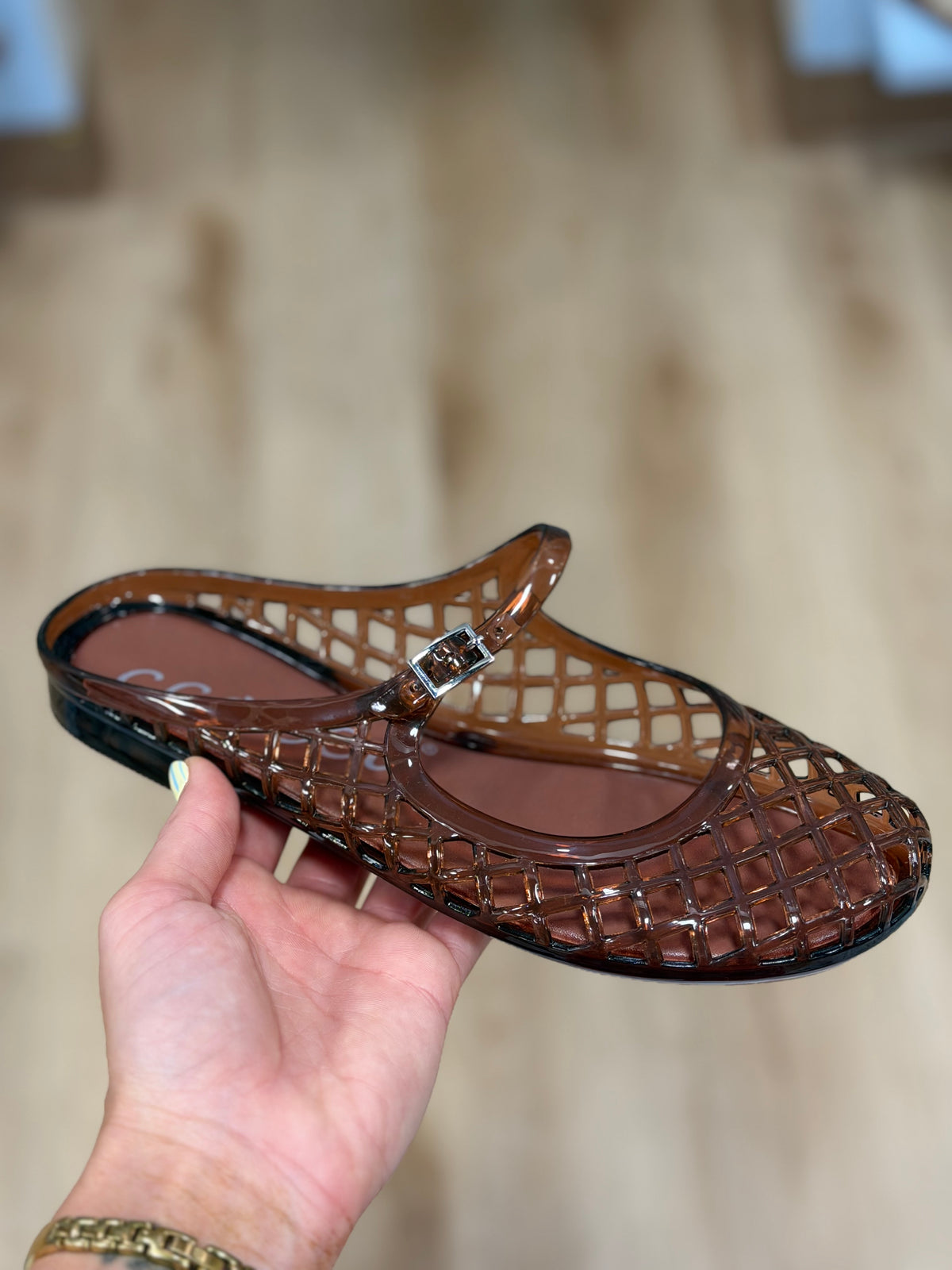 Nemo Jelly Mary Jane Flats Woven Lattice Mesh Shoes Brown