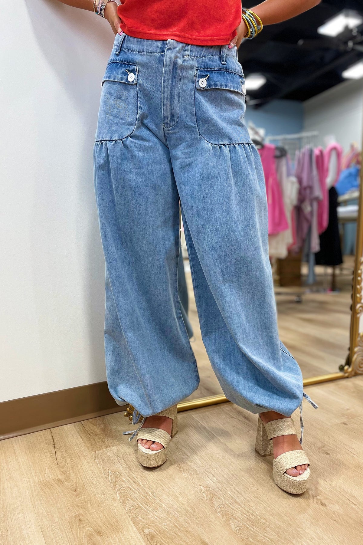 Valley Wide Leg Denim Cinch Hem Pant