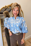 Damask Ballon Sleeve Blouse Blue