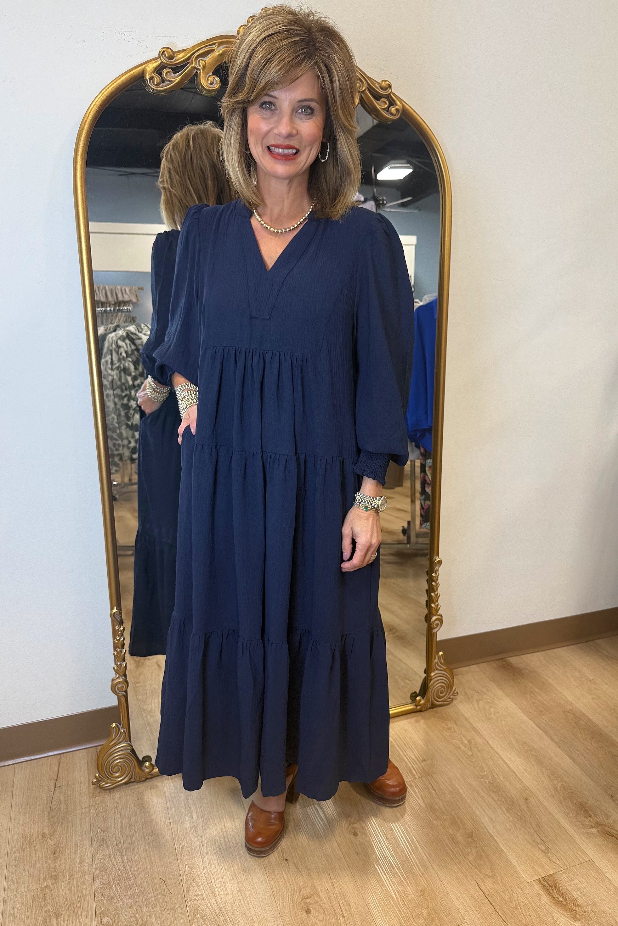 light blue long dress Umgee Tiered Midi Dress Navy – Expectations Too