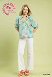 Umgee Floral Split Neck Top Seafoam
