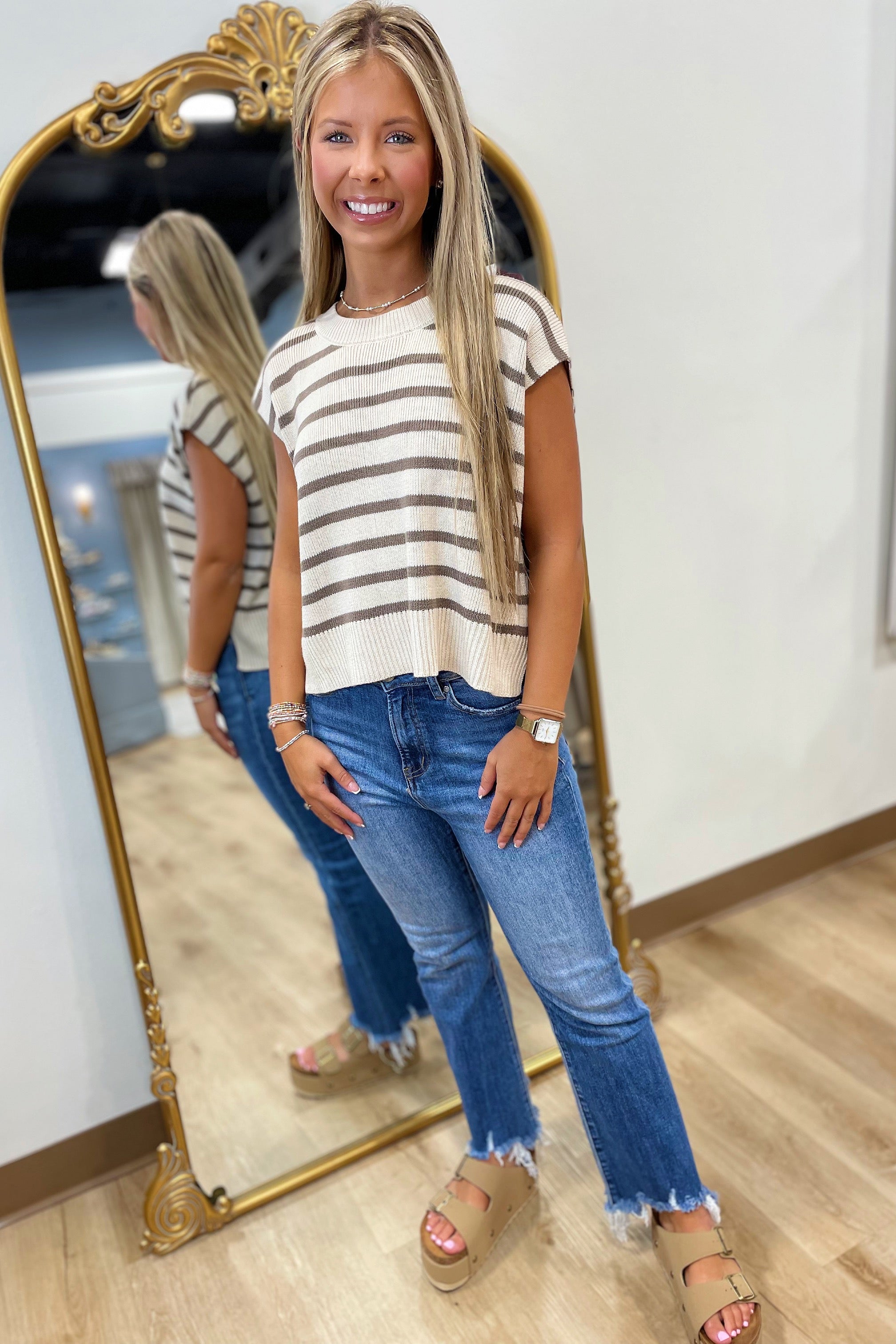 School Day Stripe Sweater Sleeveless Oatmeal