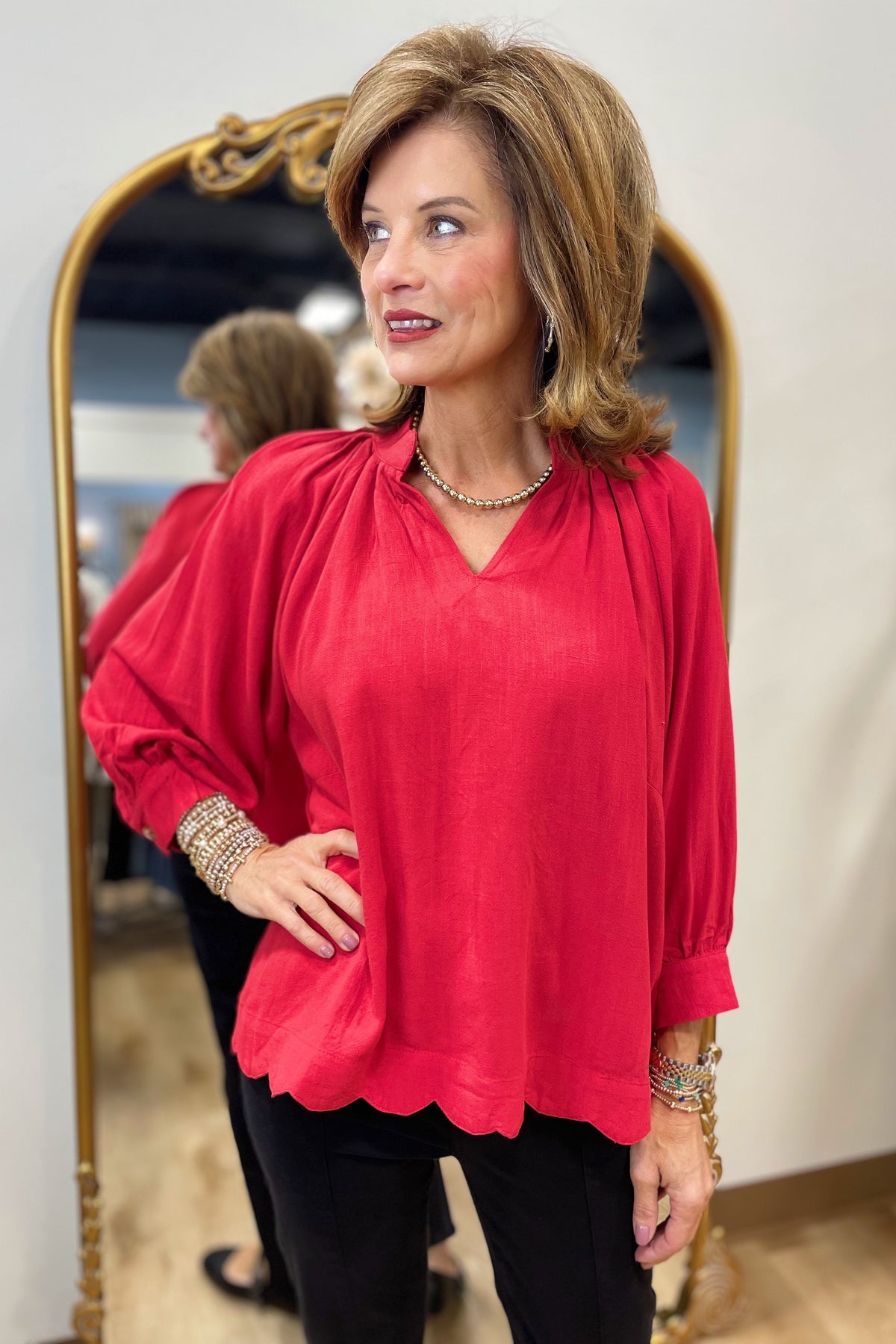 Umgee Linen Scallop Blouse Red