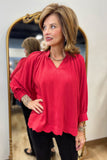 Umgee Linen Scallop Blouse Red