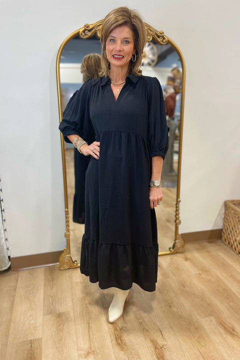 Umgee Solid Collared V-Neck Midi Dress Black