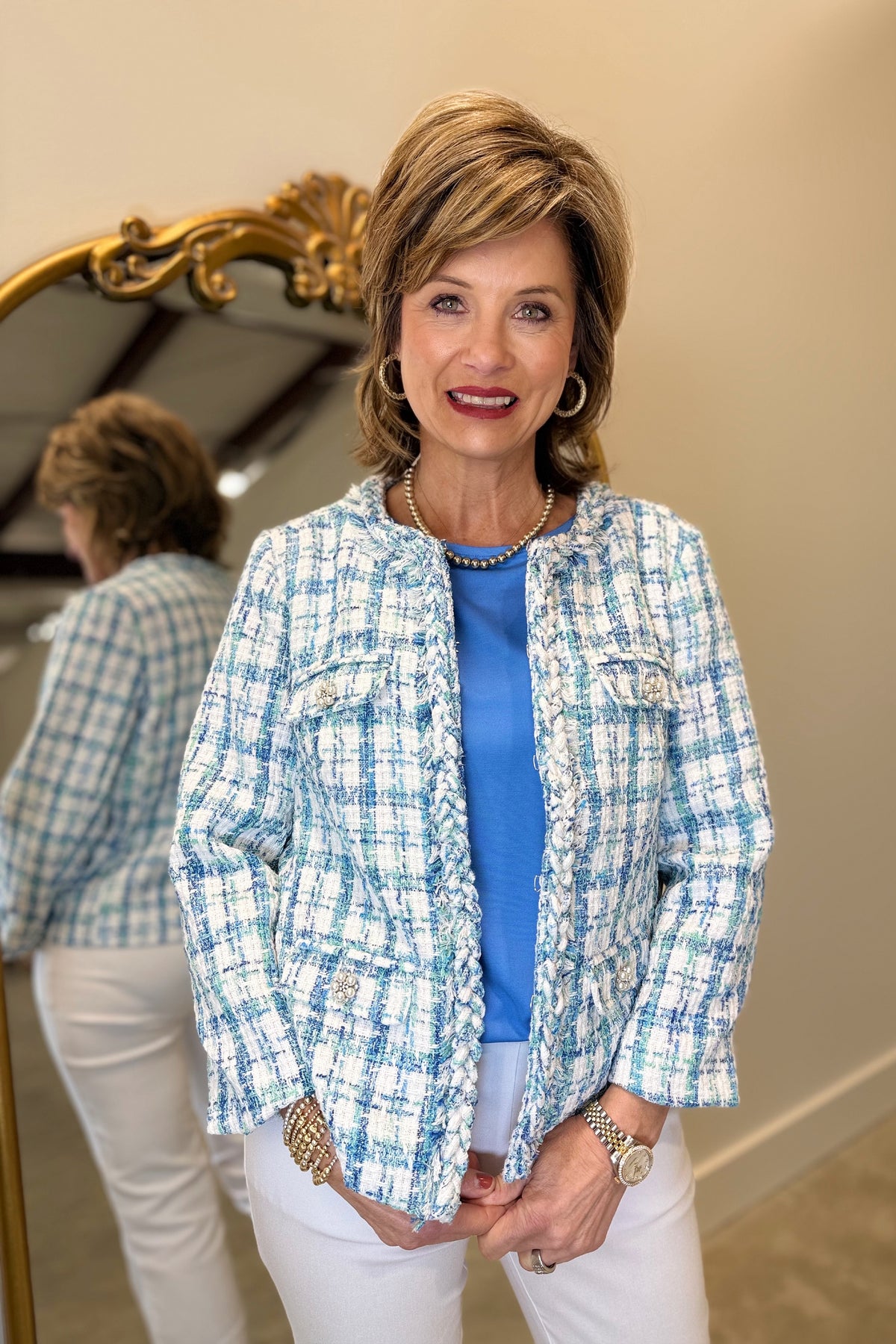 Multiples 3/4 Sleeve Plaid Jacket Spring Tide