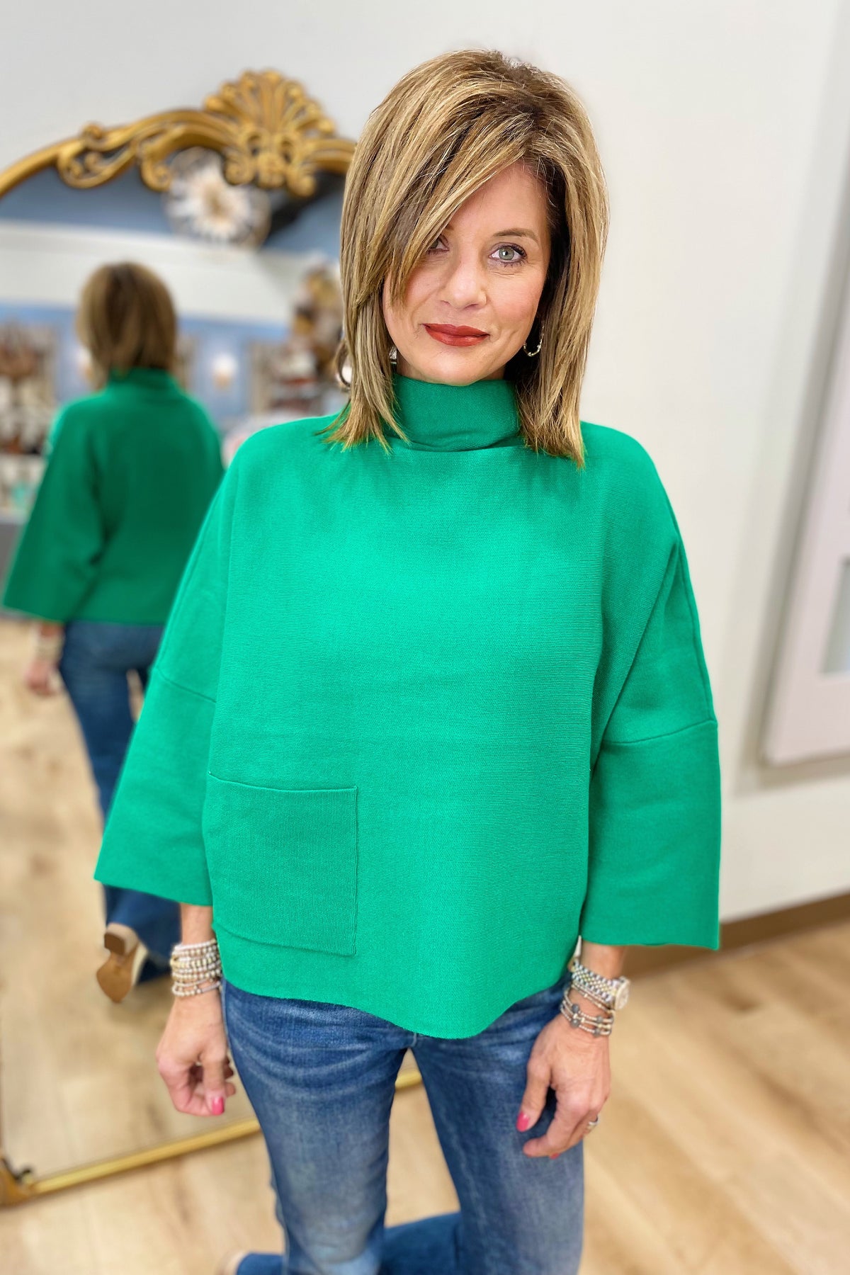 APNY Funnel Neck Sweater w Patch Pockets Emerald