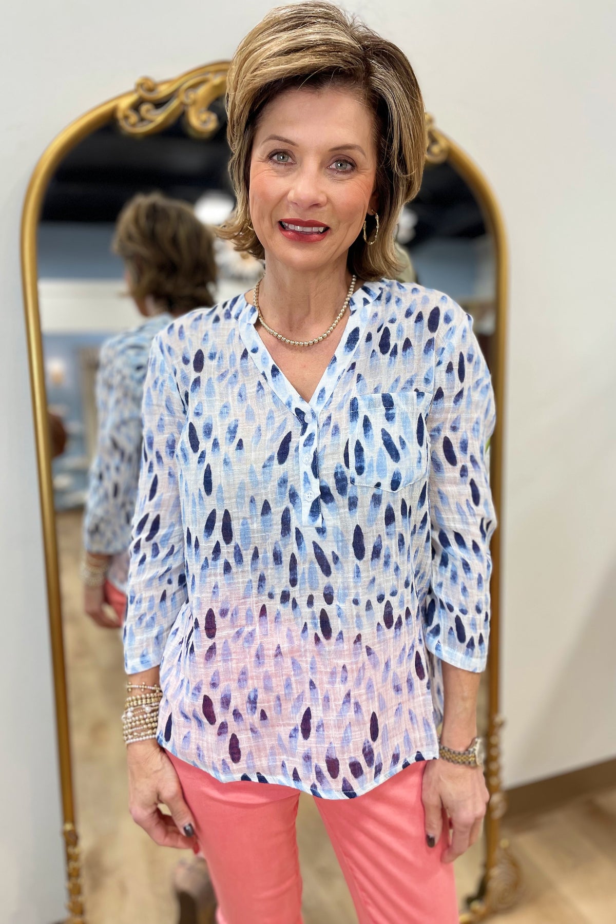 Charlie B Printed Cotton Gauze Blouse Blue
