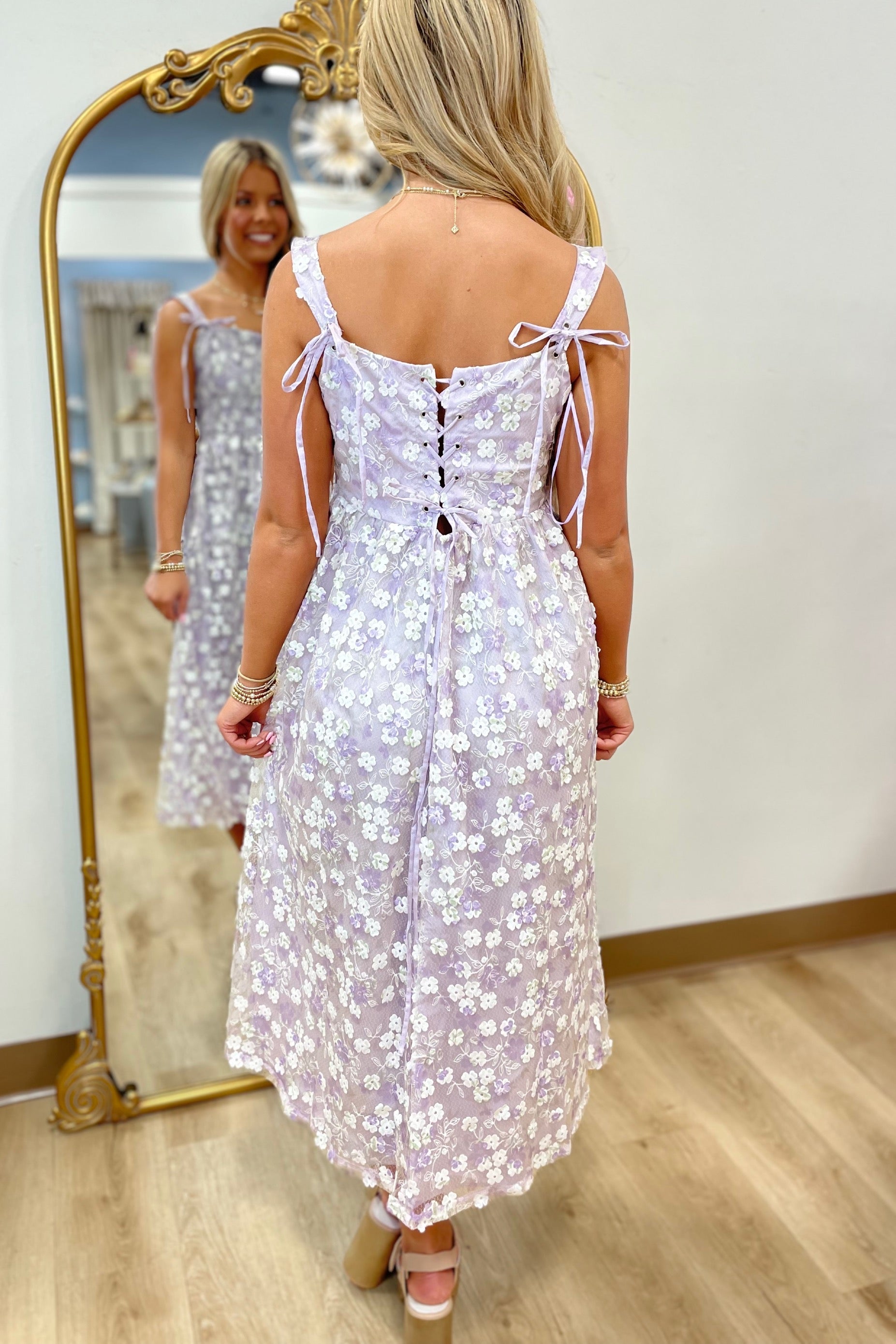 Delicate Ribbon Floral Midi Dress Lavender