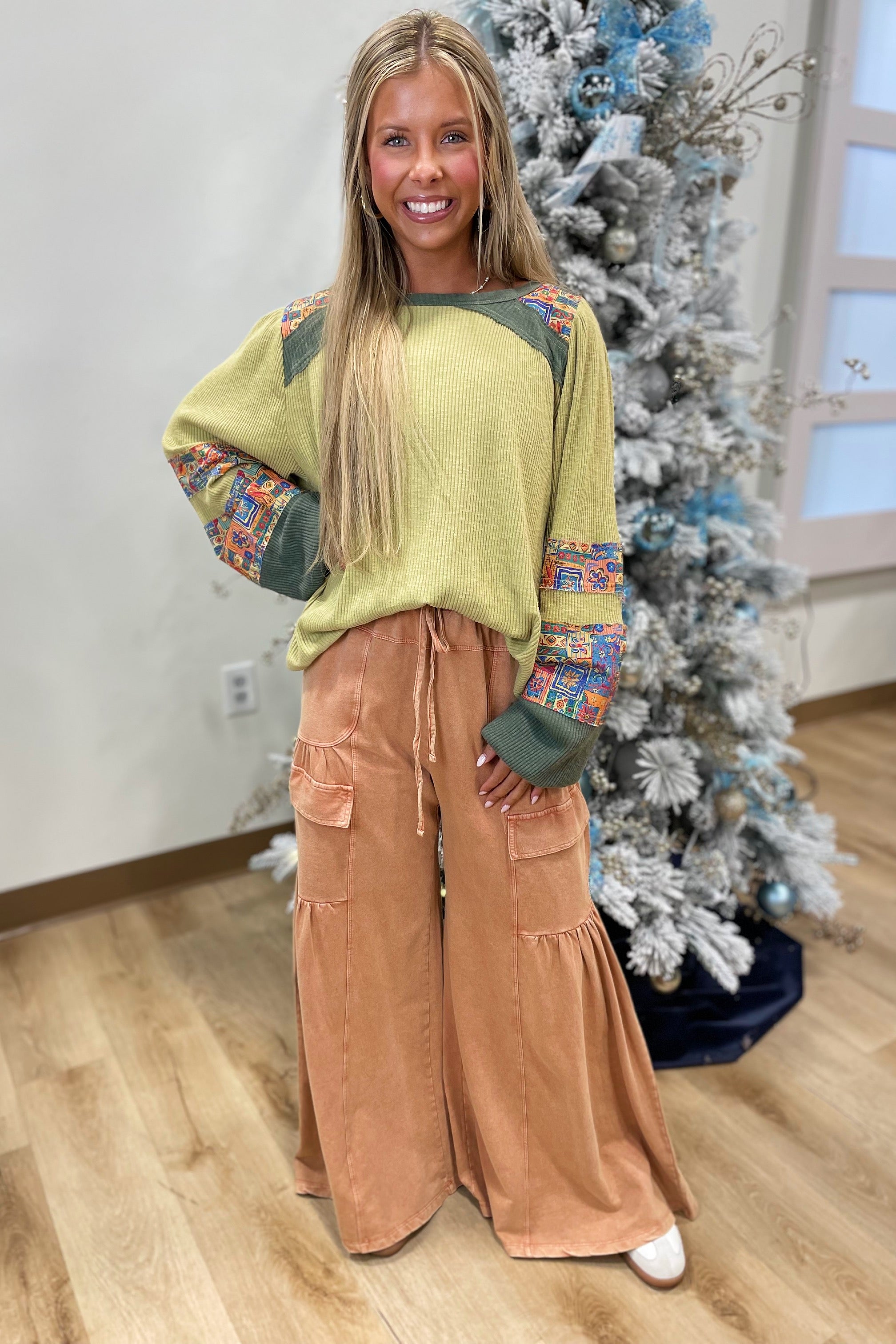 Fall Reminder Mix Textured Top Sage