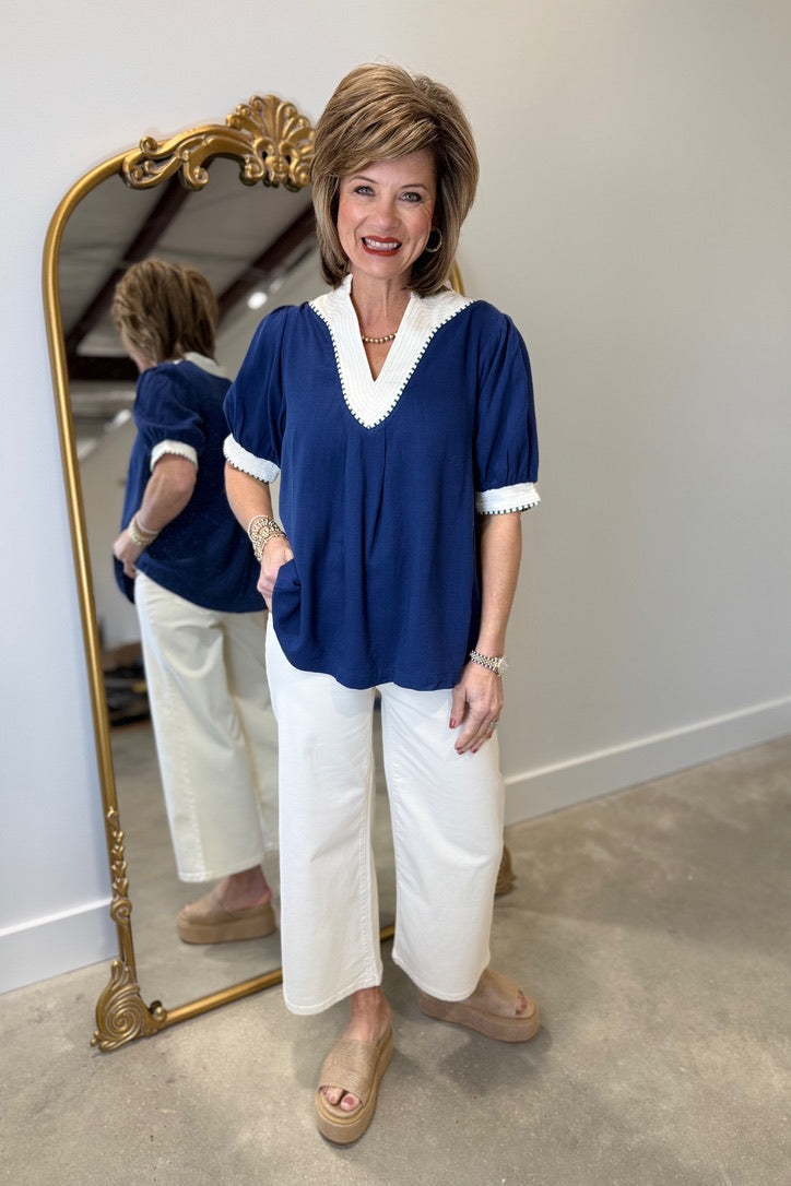 Umgee Bold Short Sleeve Blouse Navy