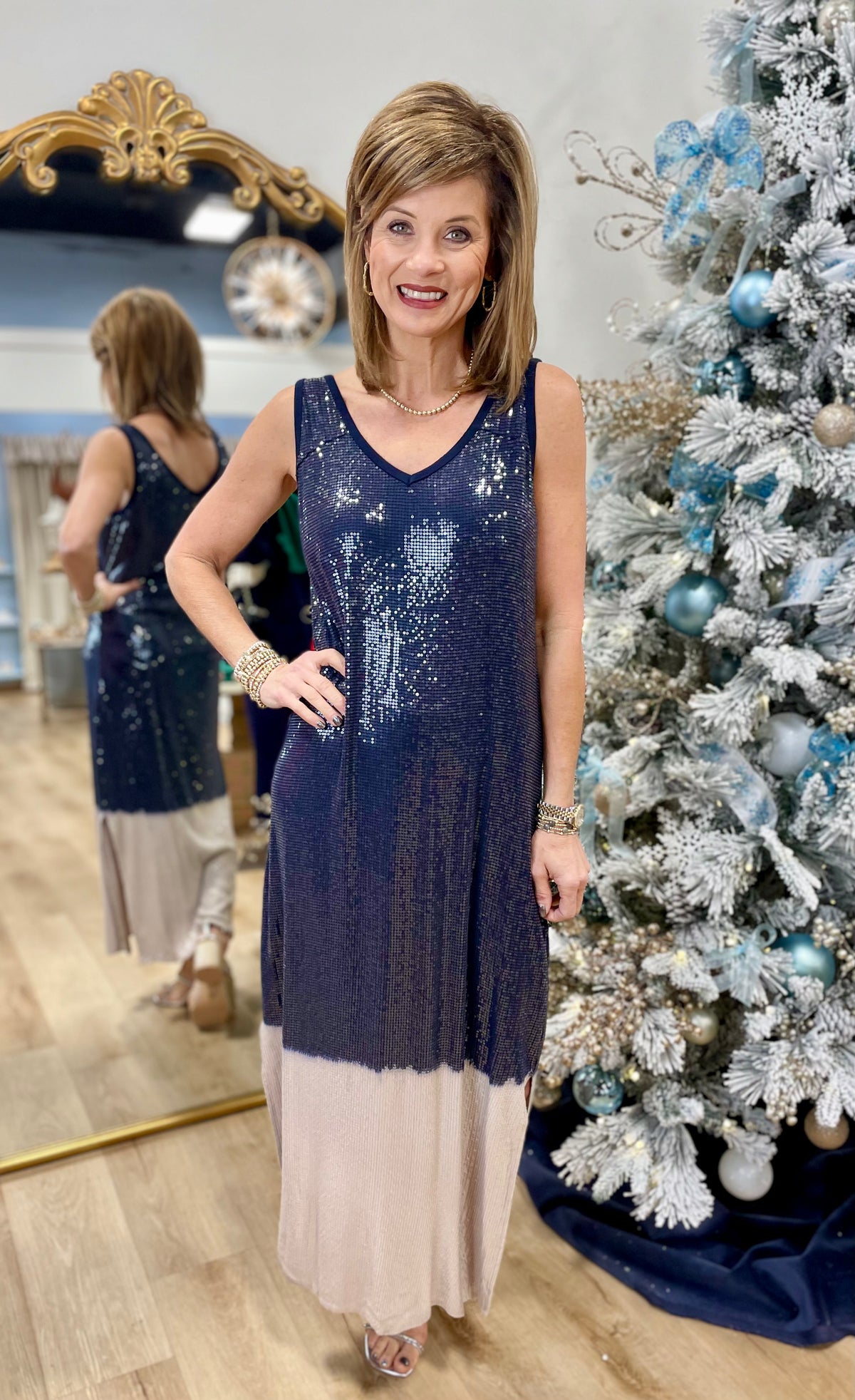 Tempo Paris Frosted Glam Sequin Tank Dress Navy