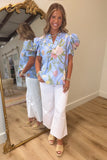 Umgee Puff Sleeve Floral Periwinkle Blouse