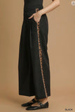 Umgee Wide Leg Trouser w Leopard Trim Black