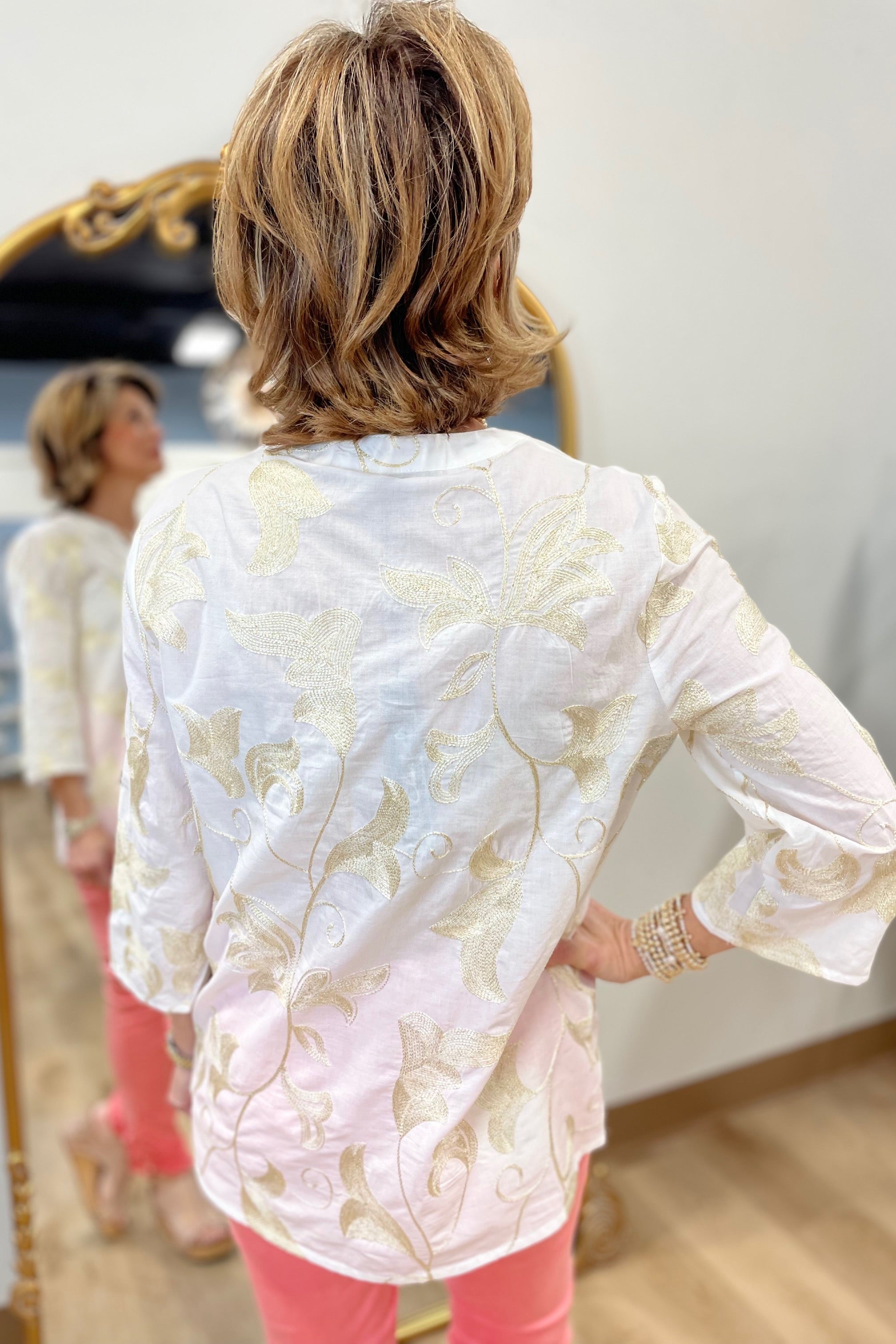 Charlie B Embroidered Popover Blouse Gold