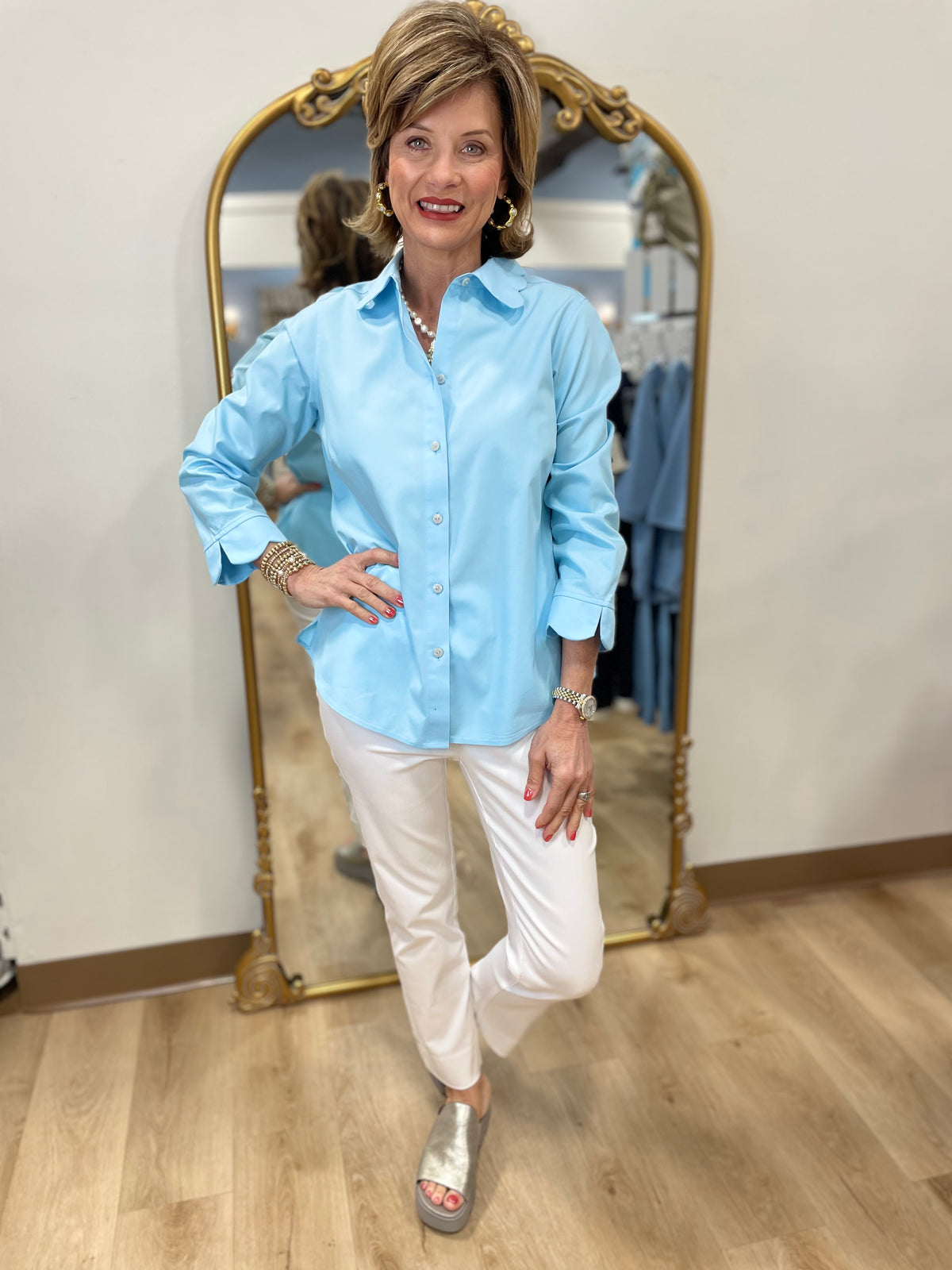 Foxcroft Gwen Pinpoint 3/4 Sleeve Shirt Aqua