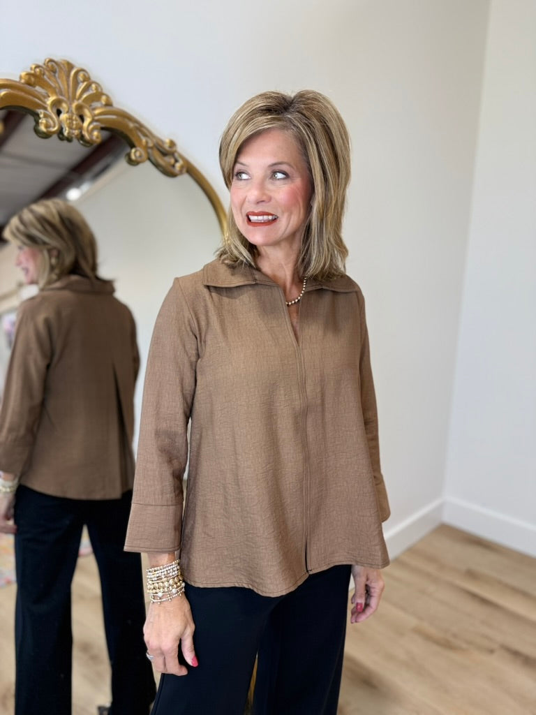 Boho Chic Split Neck Blouse Coffee