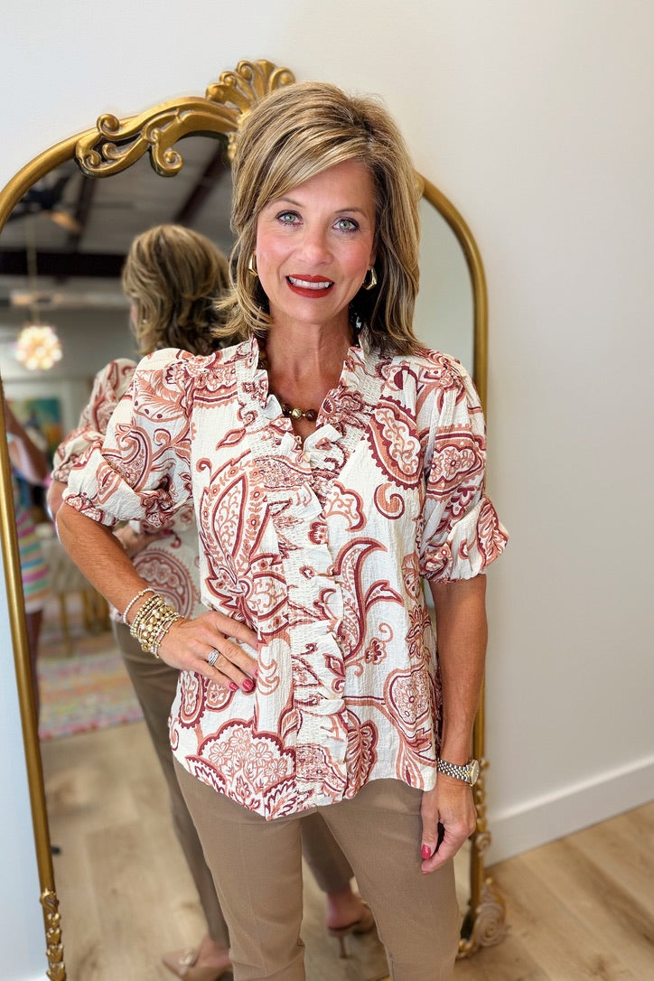Umgee Smocked Ruffle Neck Top Clay