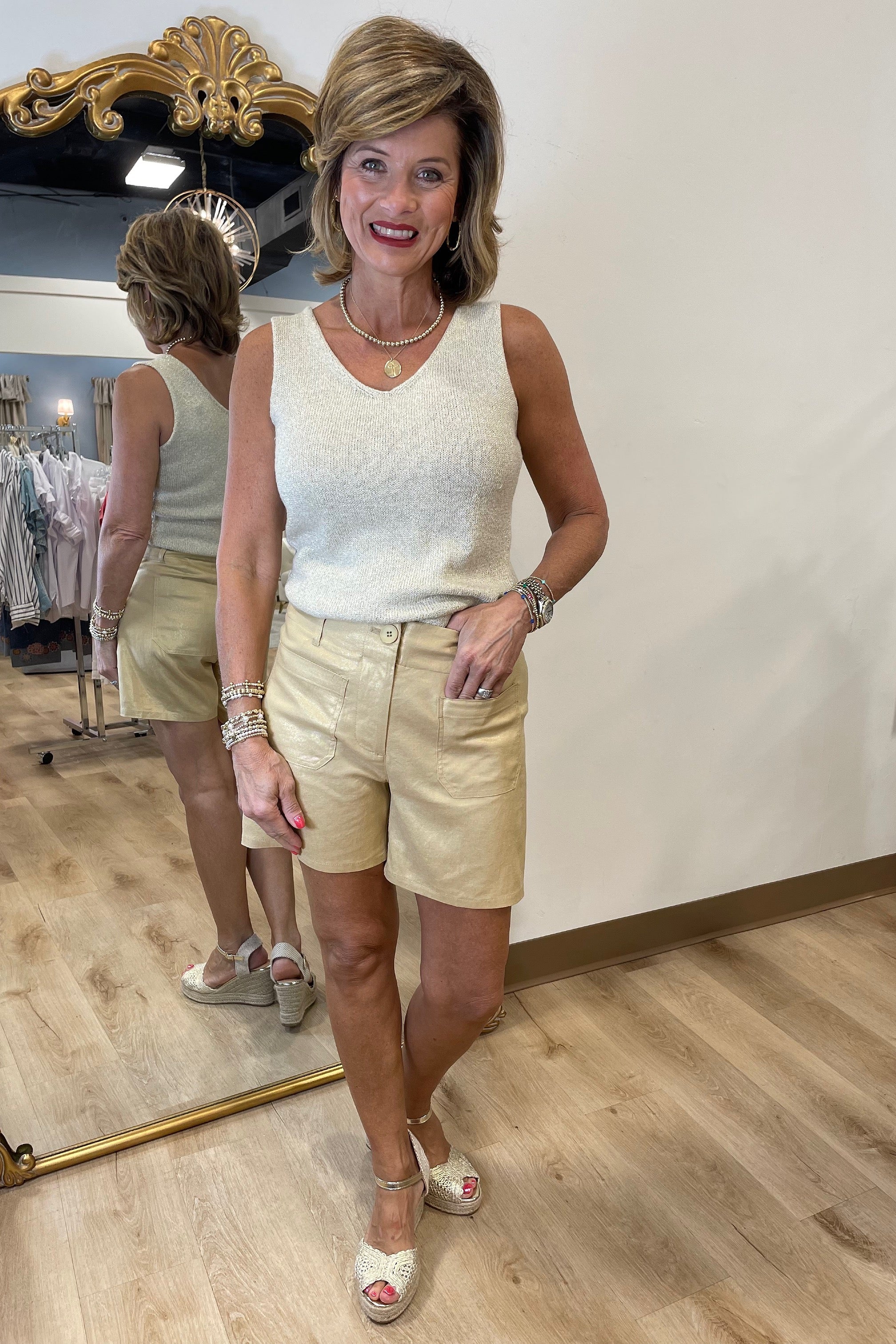 Charlie B Foil Linen Shorts Gold