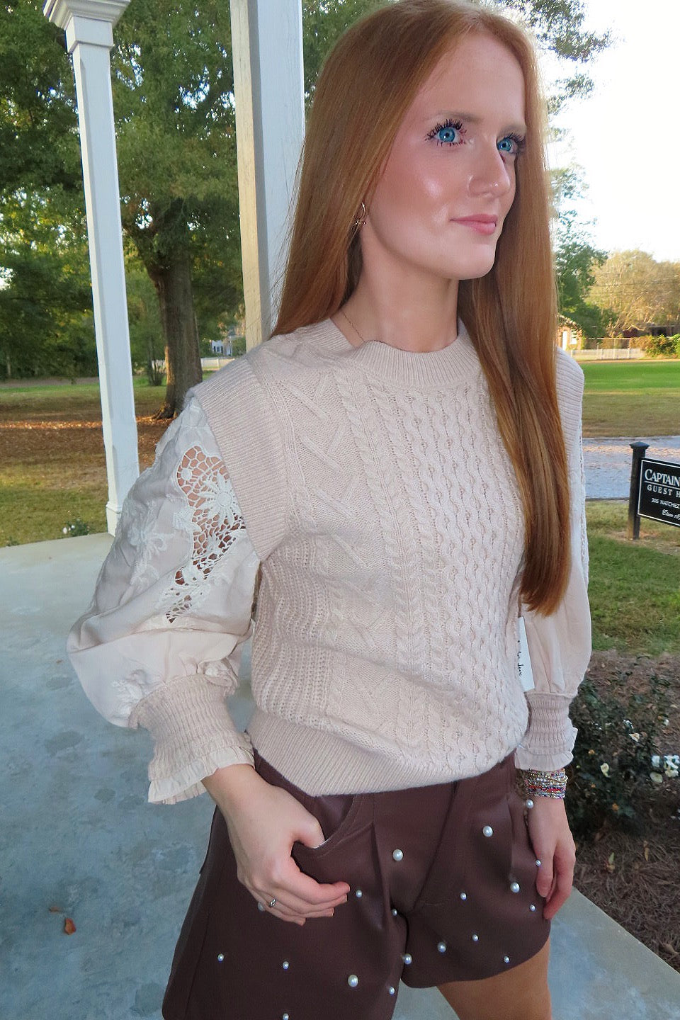 Sugar Cookie Lace Sleeve Crew Neck Sweater