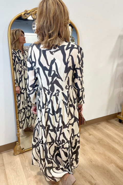 Umgee Two Tone Abstract Print Midi Dress Brown Mix