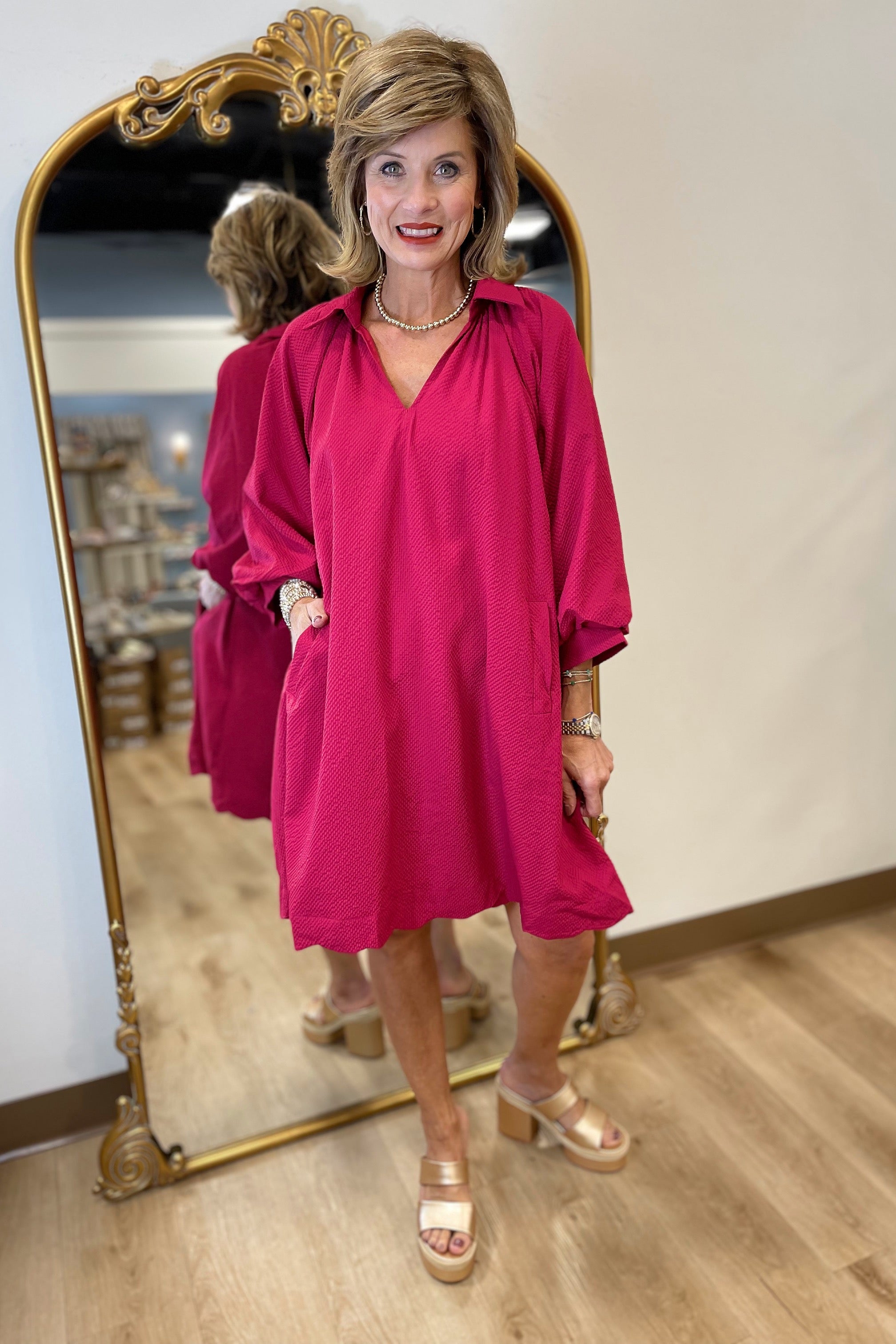 umgee red dress Umgee Small Red Fluer De Lis Dress Bell Sleeve Knee Length Sheer Cotton Poly
