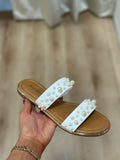 Two Band Slide Sandal with Pearl Details White