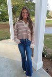 Cold Brew Two Toned Striped Notched Collar Sweater Mocha