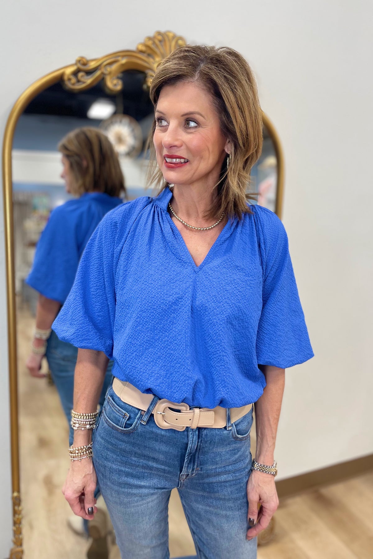 Around Town Textured Top Ocean Blue