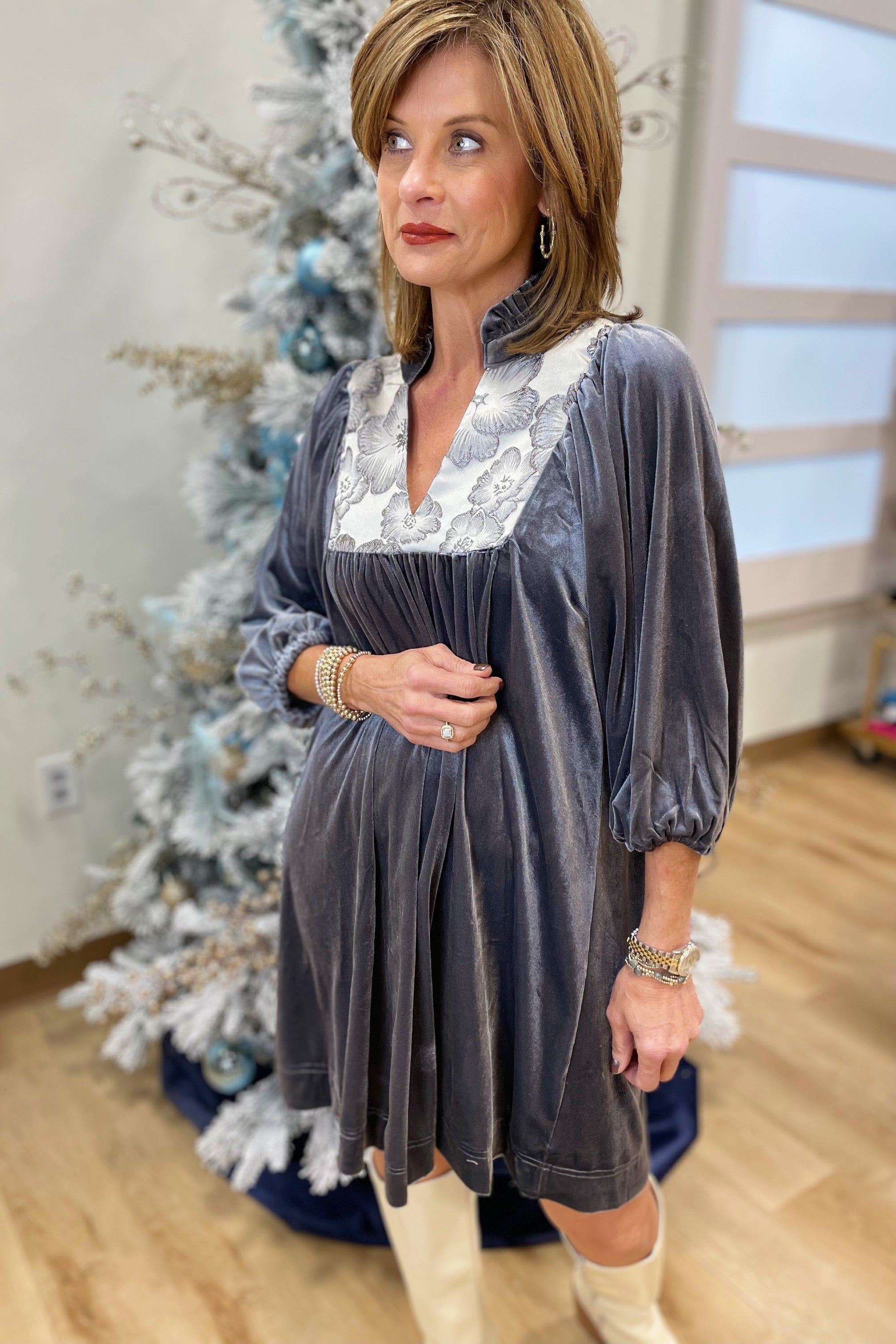 Umgee Velvet Jacquard Dress Gunmetal
