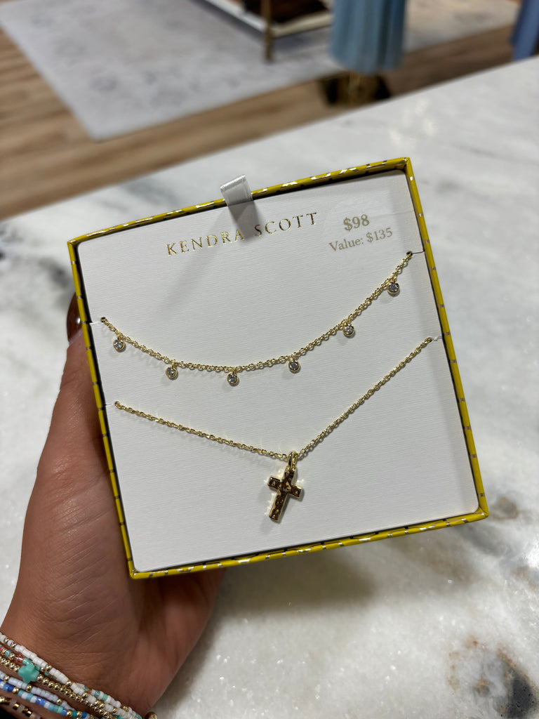 Kendra Scott Amelia Gold Cross Necklace Gift Set White Crystal