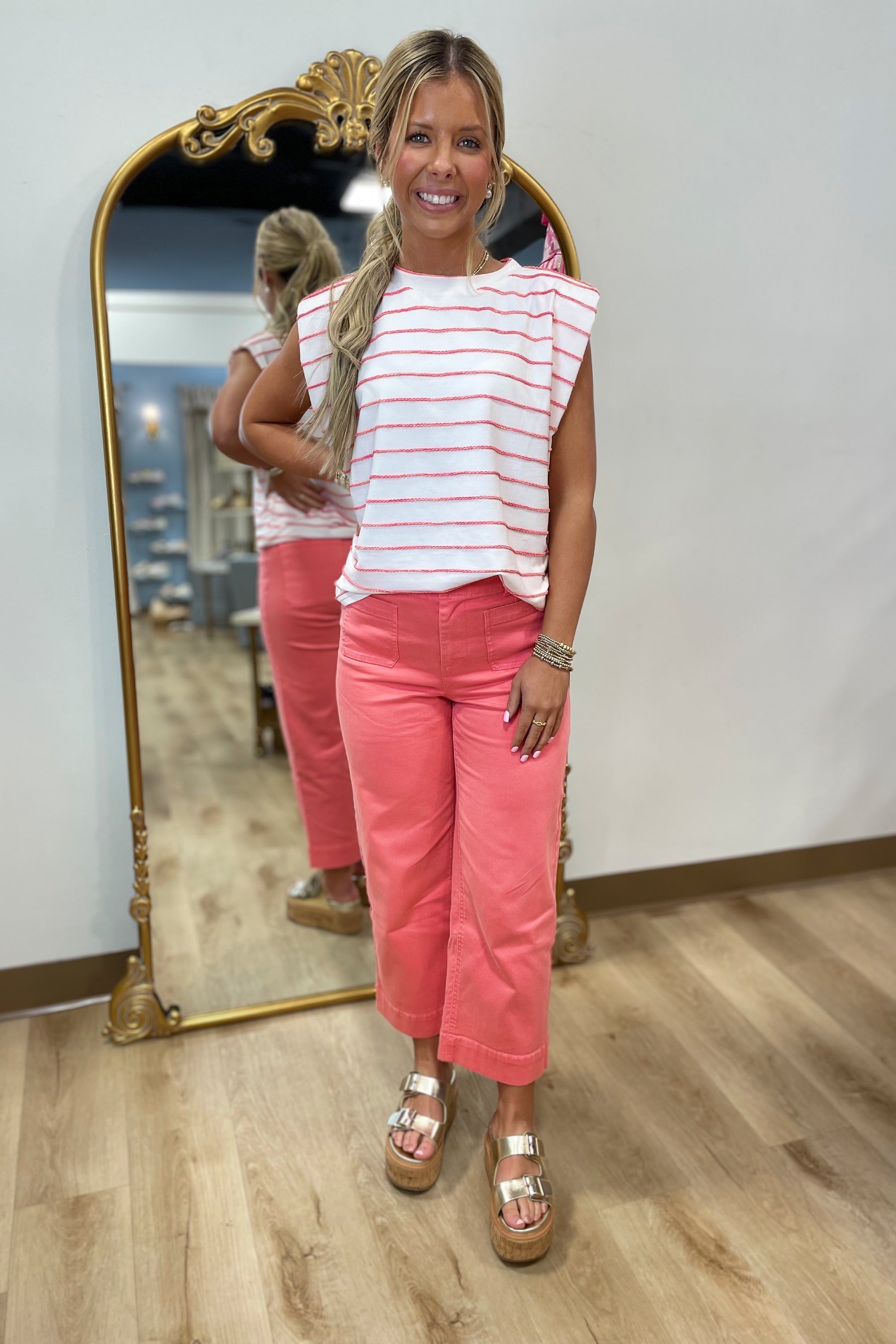 Sadie Striped Shoulder Pad Top Red