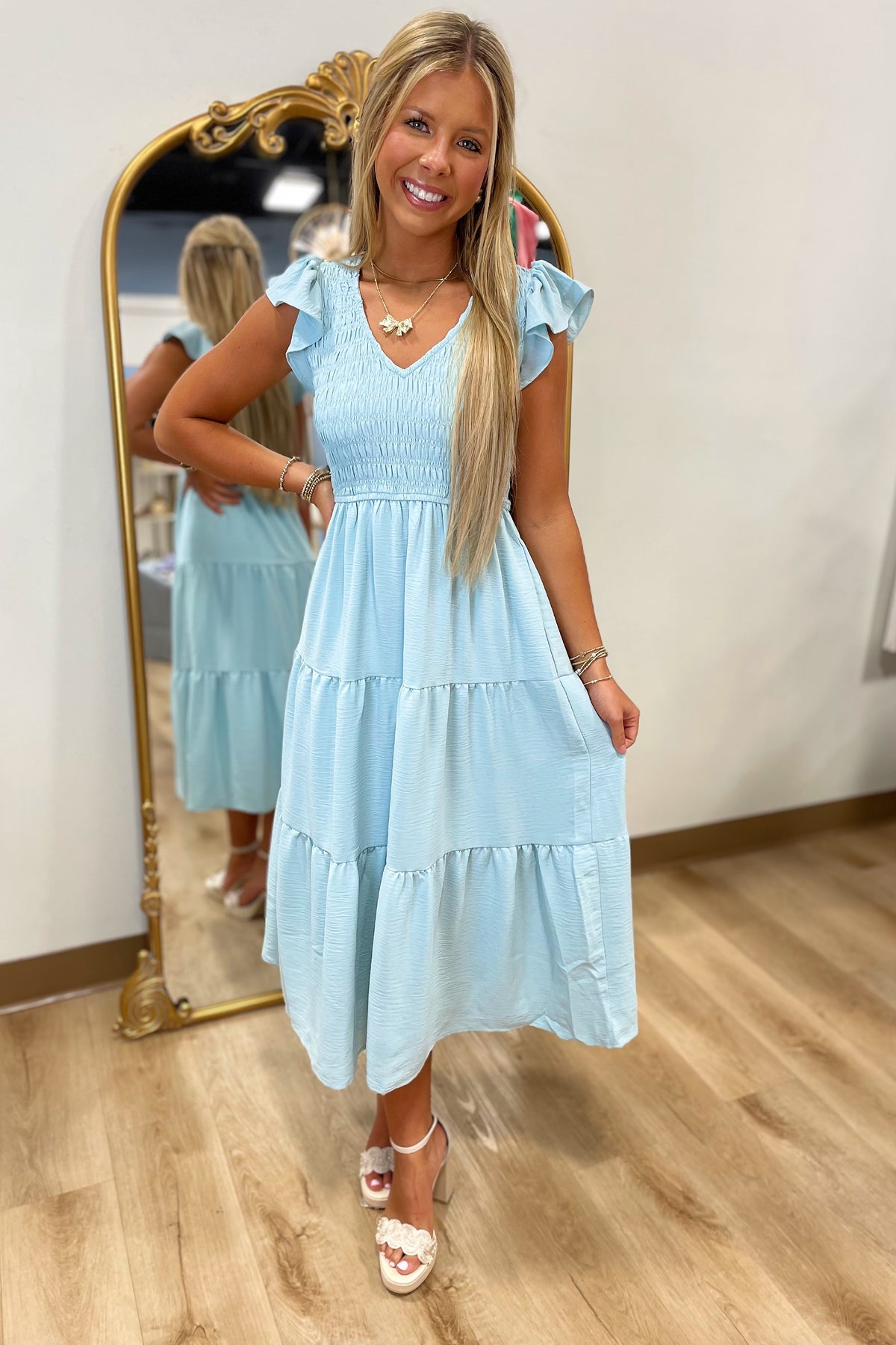 So Sweet Smocked Flutter Sleeve Dress Mint