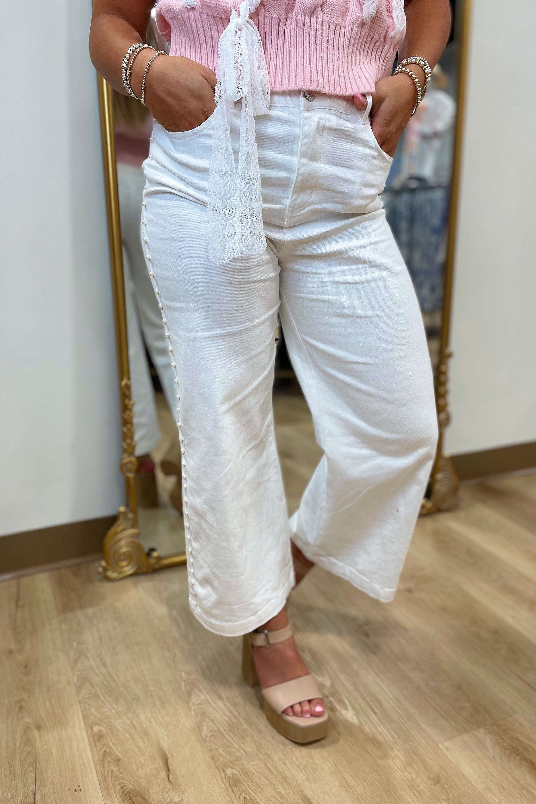 Pearl Accented Wide Leg Jean White